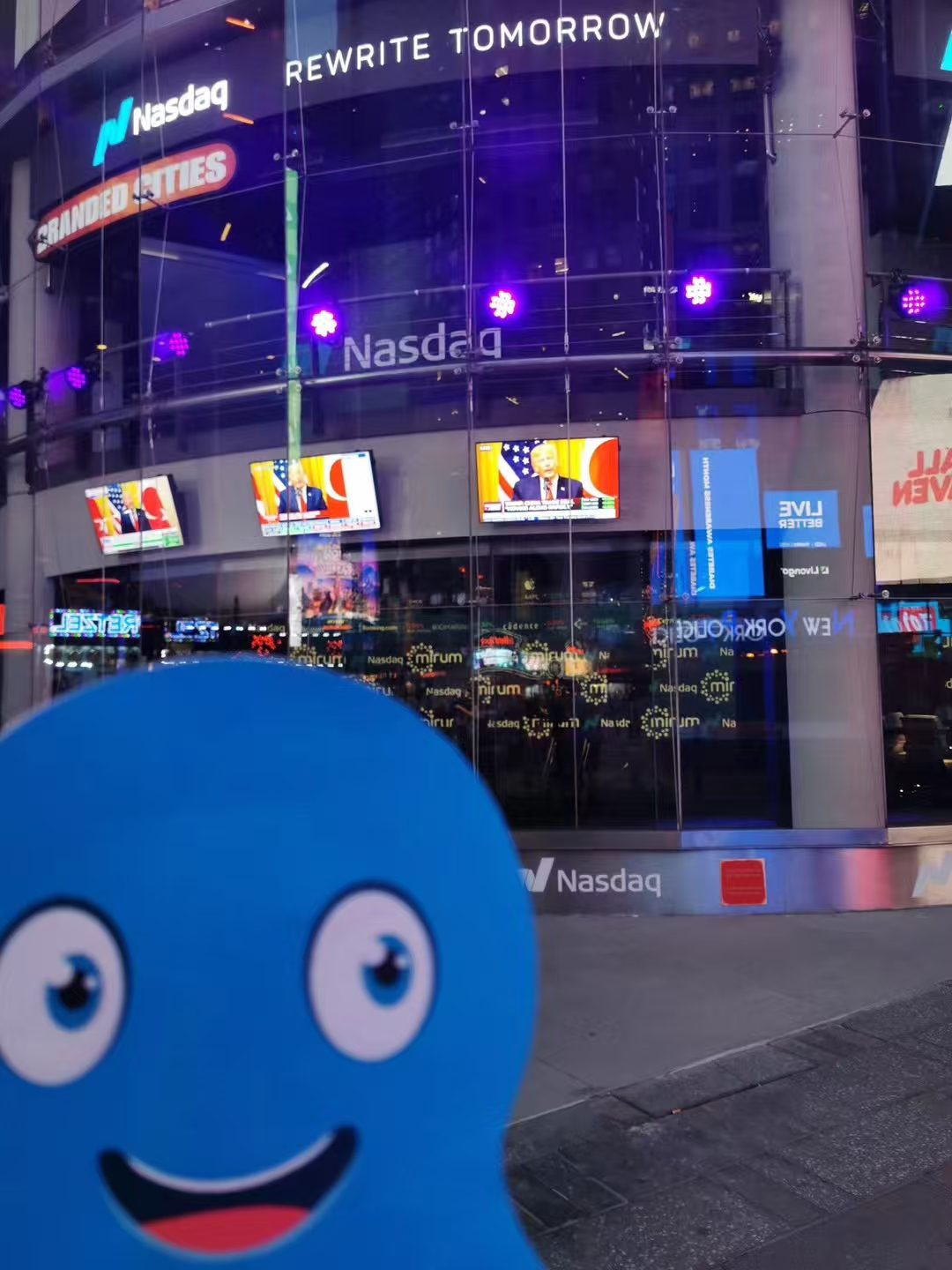 An Octoparse mascot outside Nasdaq MarketSite