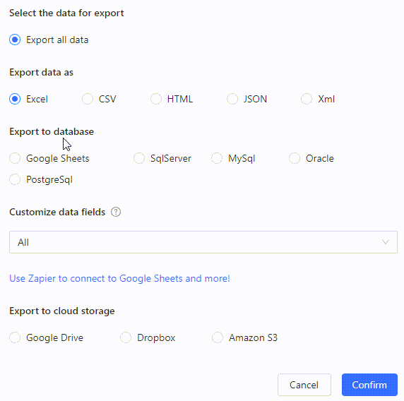 The Octoparse data export screen with Excel, CSV, database, and cloud storage options