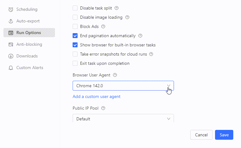 The custom task run settings screen for the built-in browser, cloud server groups, and incremental extraction