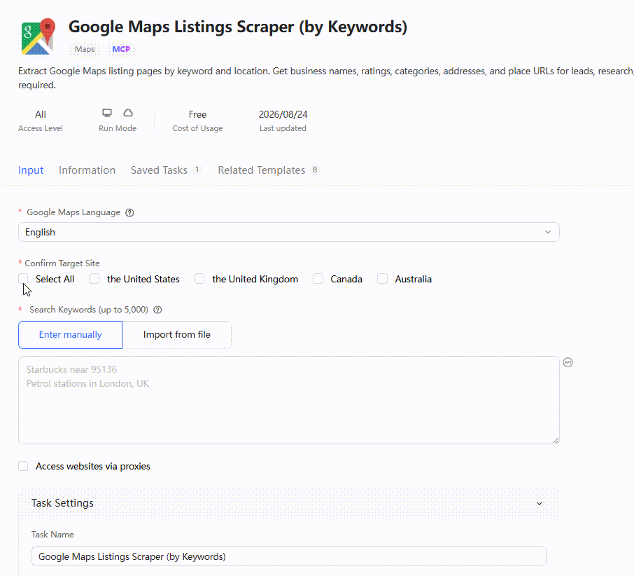 The Google Maps store listings template screen
